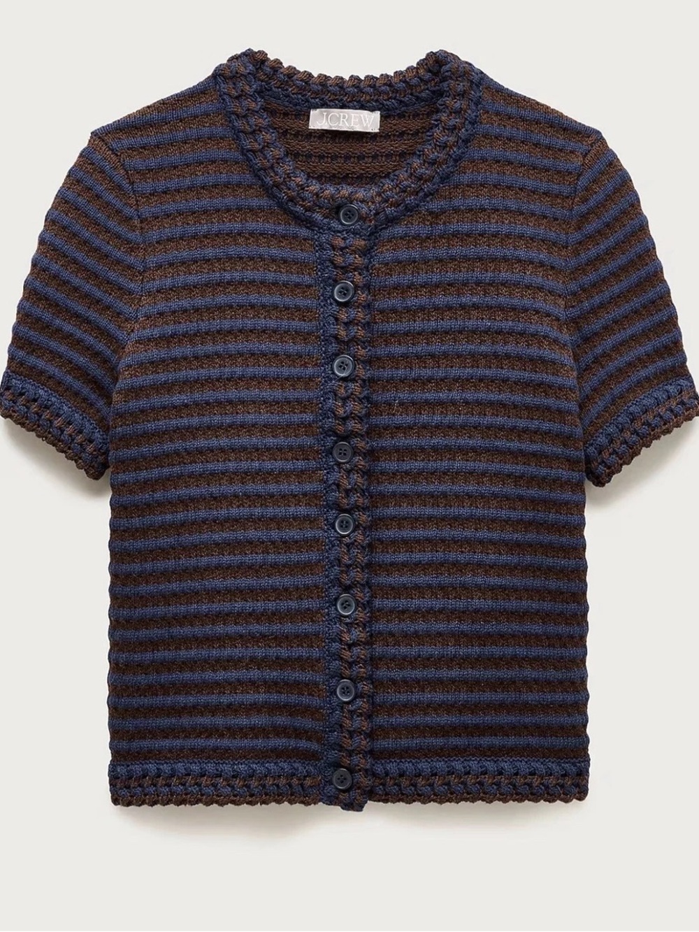 J. Crew Navy & Brown Striped Crochet-Trim Short-Sleeve Cardigan